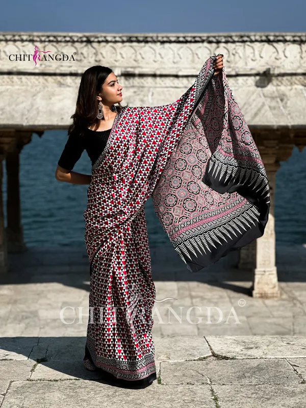 Black_And_Red_Trending_Ajrakh_Print_Semi_Modal_Silk_Saree_682007